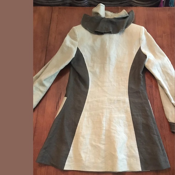 E.B. EVIE BELLE 100% Linen Green Jacket Ruffle Trench Flattering 2 Toned Duster - Picture 5 of 7